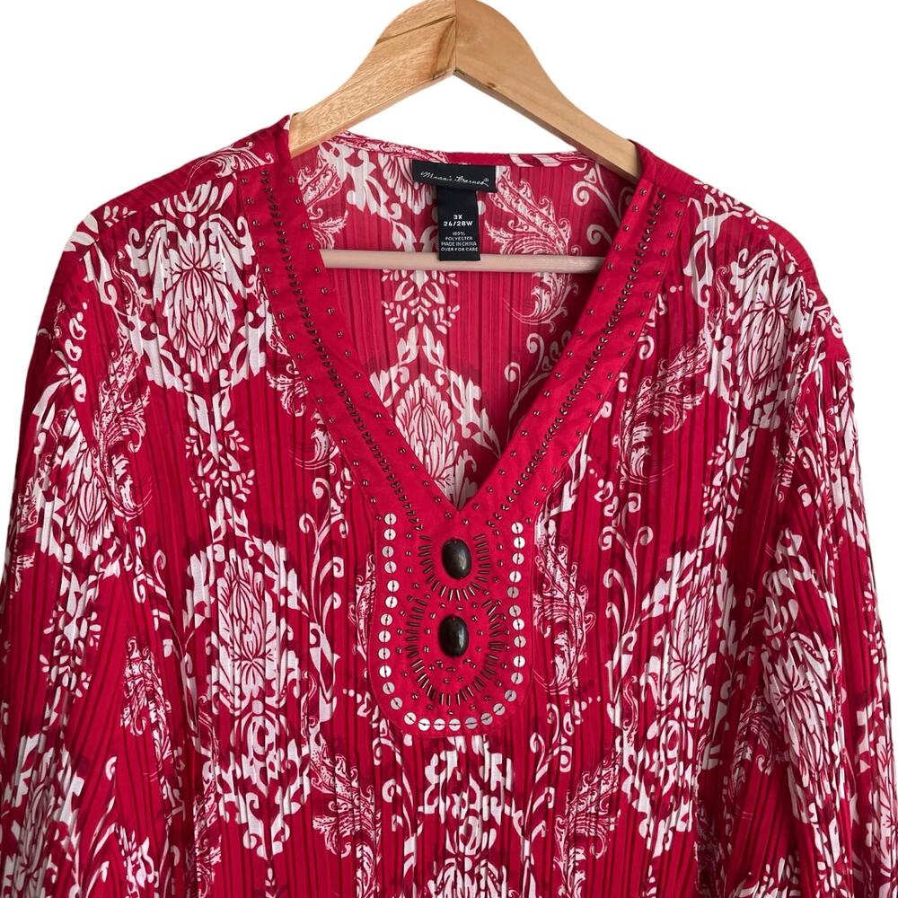 Maggie Barnes Women Top 3X Red Damask Print Crinkle Beaded Dressy‎ Mature Office - Picture 5 of 10